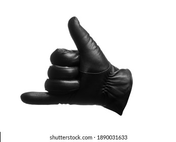 black leather glove shows drink gesture. isolated white background. - Shutterstock ID 1890031633