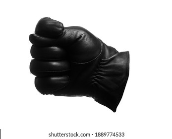 black leather glove shows fig sign left gesture. isolated white background. - Shutterstock ID 1889774533