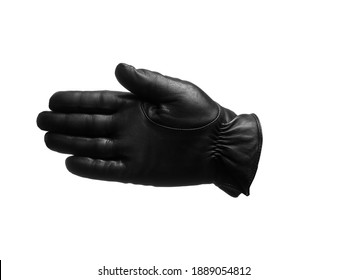 black leather glove shows open palm left gesture. isolated white background. - Shutterstock ID 1889054812