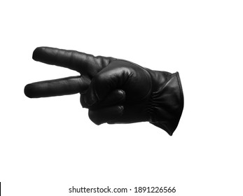 black leather glove shows two fingers gesture. isolated white background. - Shutterstock ID 1891226566