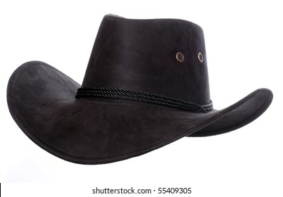 Black Leather Hat Isolated On White. Traditional Hat For All American Cowboys.