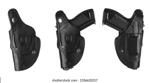 Black leather holster for a pistol isolated on white background