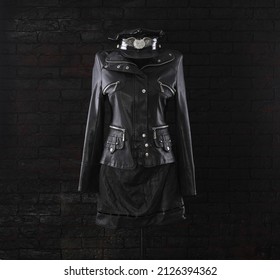 Black Leather Jacket And Black Leather Skirt