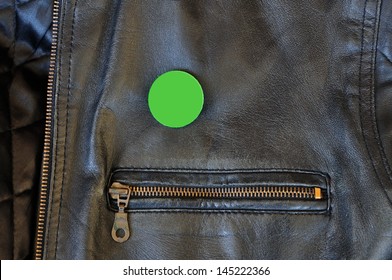 Black Leather Jacket With Zipper And Blank Pin Badge To Add Your Own Text Or Logo.