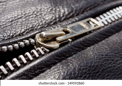 Black Leather Jacket Zipper Close Up