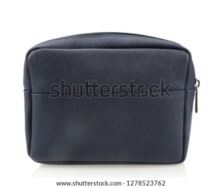 Black leather makeup bag isolated on white background.
