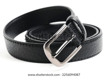 Black leather men belt with metal plaque white background, isolate