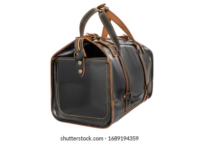 Black Leather Men Travel Duffel Bag On A White Background