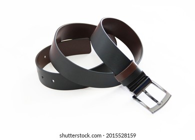 black leather men's belt with metal buckle