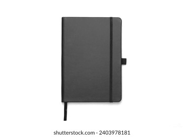 Black leather notebook mockup with elastic isolated on white background. Top view, Clipping path