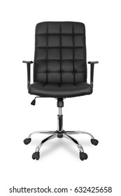 Black Leather Office Chair On Wheels Isolated On White Background.