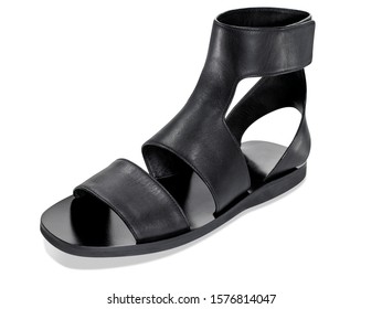 Black Leather Open Toe Sandal With Ankle Cuff On White Background