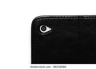 Black leather tablet computer case on a white background