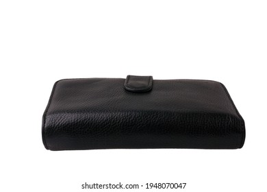 Black Leather Unisex Male Or Female Wallet, Purse With Zipper And Button, Isolated On White Background, Back View