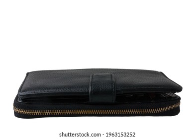 Black Leather Unisex Male Or Female Wallet, Purse With Zipper And Button, Isolated On White Background, Side View