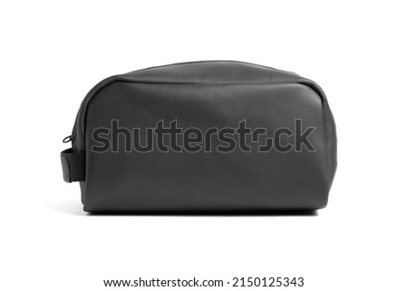 Black leather vanity case with zipper isolated on white background.  Cosmetic bag. Unisex toiletry bag.
