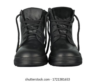 Black Leather Work Boots On White Background