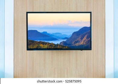 Black LED Tv Television Screen Mockup. Landscape On Monitor