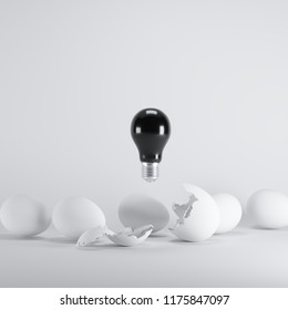 Black lightbulb floating born from white Egg on white blackground. minimal idea concept.