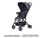 Black Lightweight Baby Stroller depicts a modern, collapsible stroller equipped with a canopy, safety harness, and storage basket, designed for urban mobility.