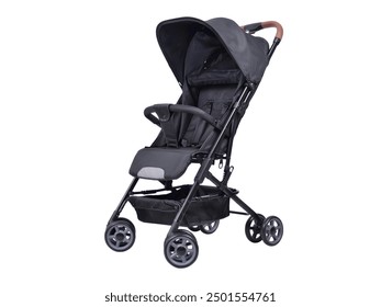 Black Lightweight Baby Stroller depicts a modern, collapsible stroller equipped with a canopy, safety harness, and storage basket, designed for urban mobility.