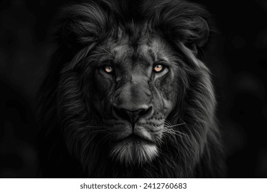 Black Lion, depicted with a luxurious long mane that cascades like a river of night. Its eyes, gleaming with wisdom and courage, hold a story untold, beckoning the viewer into a world of wild elegance