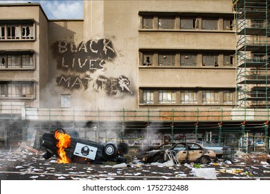 Black Lives Matter protest riot vandalism, looting aftermath concept, flaming police car smashed, overturned with black lives matter text slogan message on building. Excessive force, police brutality