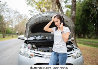 Black Long Hair Asian Young Woman Talking On Cellphone After Car Breakdown Trouble Problem Mechanic.