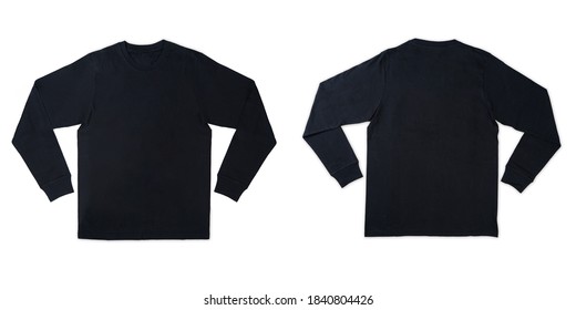 Black long sleeve t shirt front and back view isolated on white background.