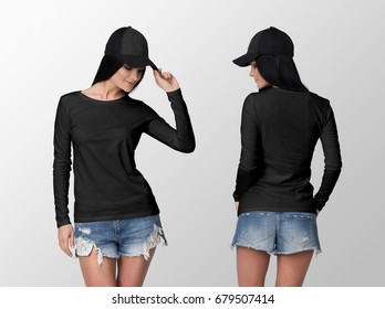 Black Long Sleeve T-shirt On A Young Woman In Shorts And Cap, Isolated, Front And Back, Mockup.