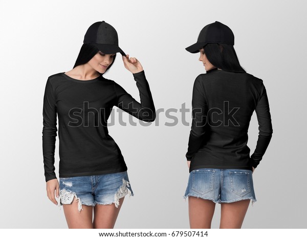 Black long sleeve t-shirt on a\
young woman in shorts and cap, isolated, front and back,\
mockup.