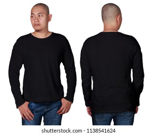 Black Long Sleeved T-shirt Mock Up, Front And Back View, Isolated. Male Model Wear Plain Black Shirt Mockup. Long Sleeve Shirt Design Template. Blank Tees For Print