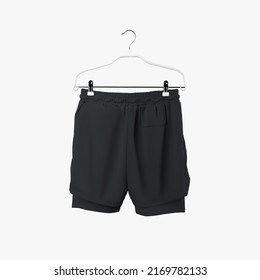 Black Loose Shorts Mockup With Compression Line, Men's Sportswear On A Hanger, Isolated On Background, Back View. Clothing Template With Underpants, For Design, Pattern