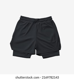 Black Loose Shorts Mockup With Compression Line, Isolated On Background. Men's Sportswear Template With Underpants For Design. Front View