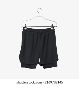 Black Loose Shorts Mockup With Compression Line, Drawstring Waist, Men's Sportswear On A Hanger, Isolated On Background, Front View. Clothing Template With Underpants, For Design