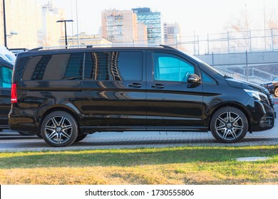 Black luxury van Mercedes-Benz minivan side view. Russia, Saint-Petersburg. 07 april 2020