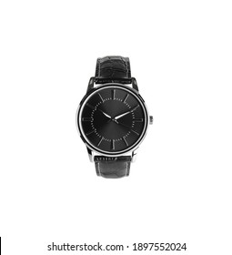 Black Luxury Watch With Leather Band Isolated On White