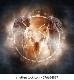 Black Magic Ritual montage with two hooded figures and a demonic ram skull encrcled within a fiery pentagram of mysterious occult symbols suggesting a black mass or magic ritual.