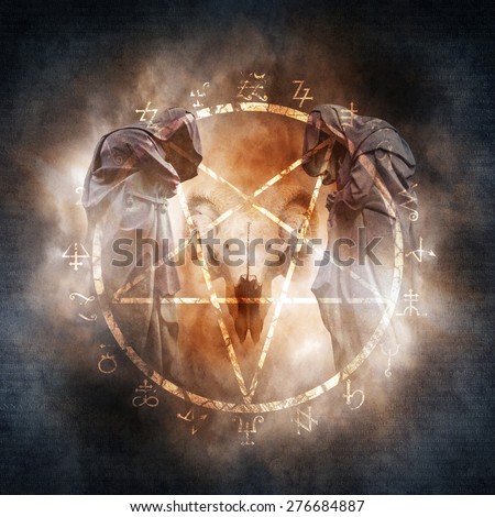Black Magic Ritual montage with two hooded figures and a demonic ram skull encrcled within a fiery pentagram of mysterious occult symbols suggesting a black mass or magic ritual.