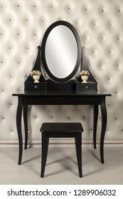 Black Makeup Mirror Vanity With Leather Wall