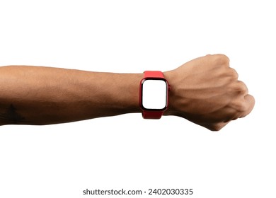 black male arm wearing and showing red smartwatch with blank screen isolated