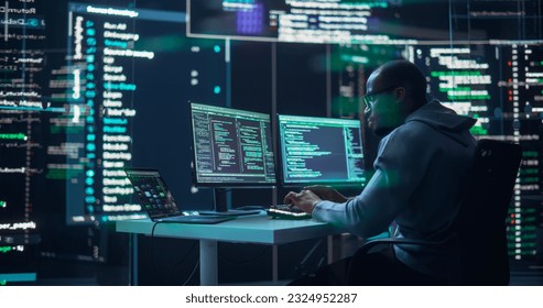 Black Male Developer Typing on Computer, Surrounded by Transparent Screens Showing Code Prompts. Professional Programmer Creating Complex Software, Running Coding Tests. Futuristic Programming Concept