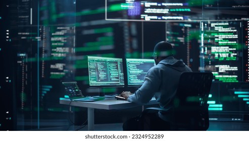 Black Male Developer Typing on Computer, Surrounded by Transparent Screens Showing Code Lines. Professional Programmer Creating Complex Software, Running Coding Tests. Futuristic Programming. - Powered by Shutterstock