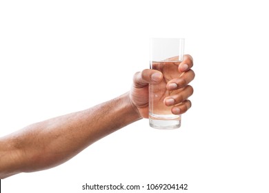 Black Male Hand Holding Glass Of Water Isolated On White Background, Closeup, Cutout