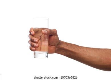 Black Male Hand Holding Glass Of Water Isolated On White Background, Closeup, Cutout