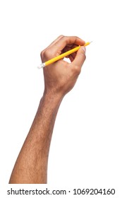 Black Male Hand Holding Pencil. African-american Man Writing Or Drawing, Isolated On White Background. Education, Business, Art Concept