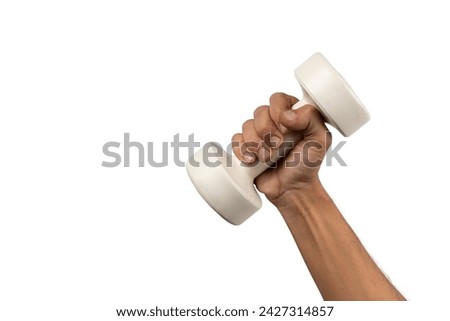 Black male hand holding a plastic white dumbell isolated, white background