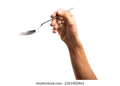 black male hand holding a silver spoon on an isolated white background