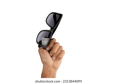 black male hand holding sunglasses, white background