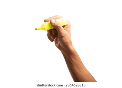 Black male hand holding a yellow marker pen, Highlighter isolated no background - Shutterstock ID 2364628815